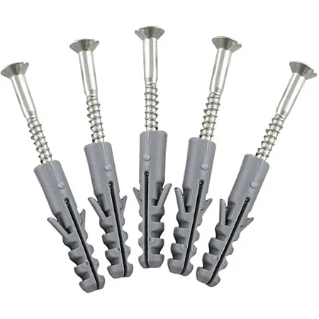 Cinco parafusos cinza com buchas plásticas.