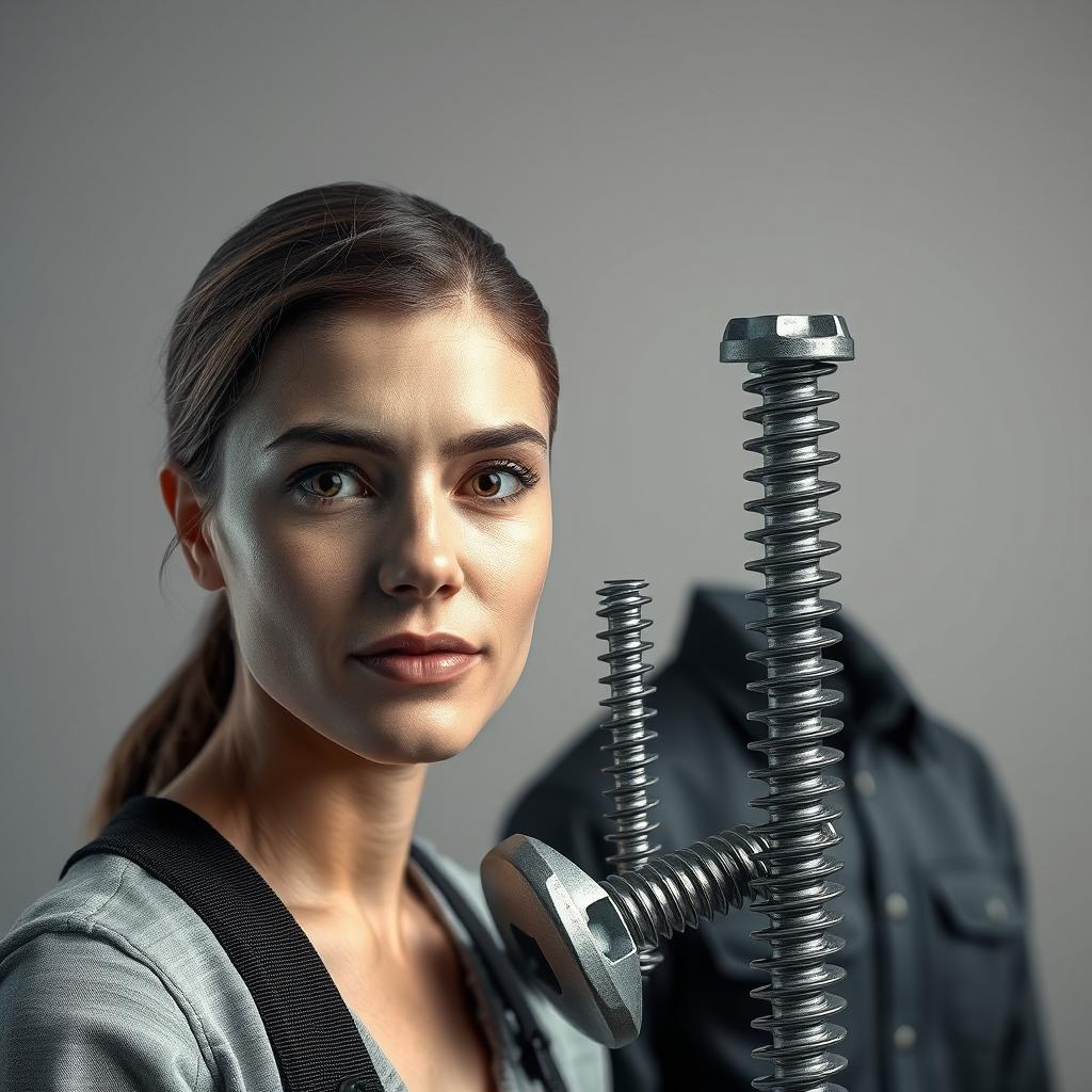 Mulher com parafusos grandes ao lado.