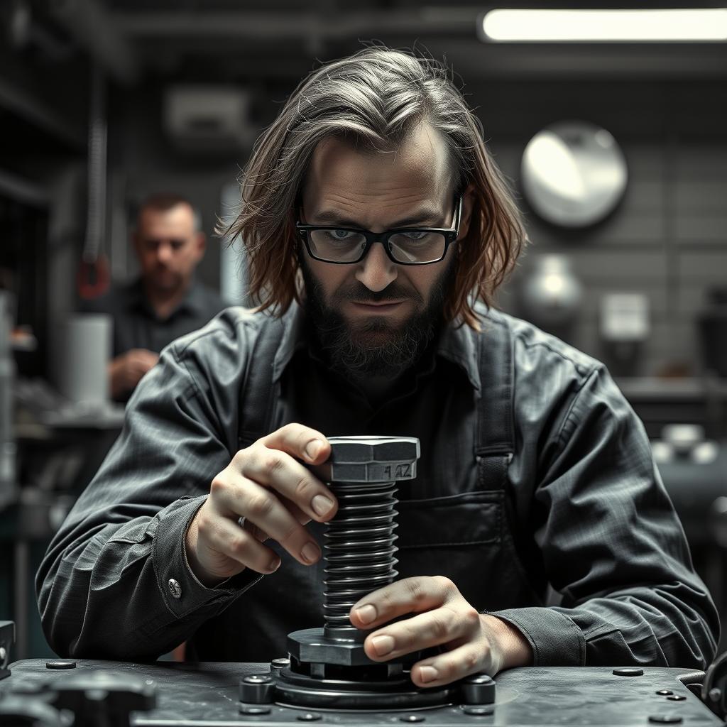 Engenheiro ajustando engrenagem em oficina mecânica.