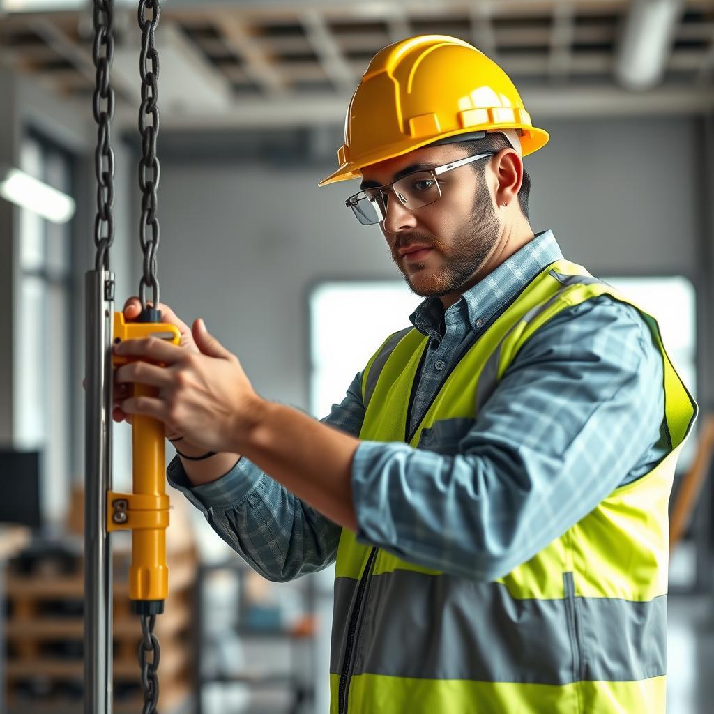Trabalhador inspeciona equipamento em fábrica industrial.