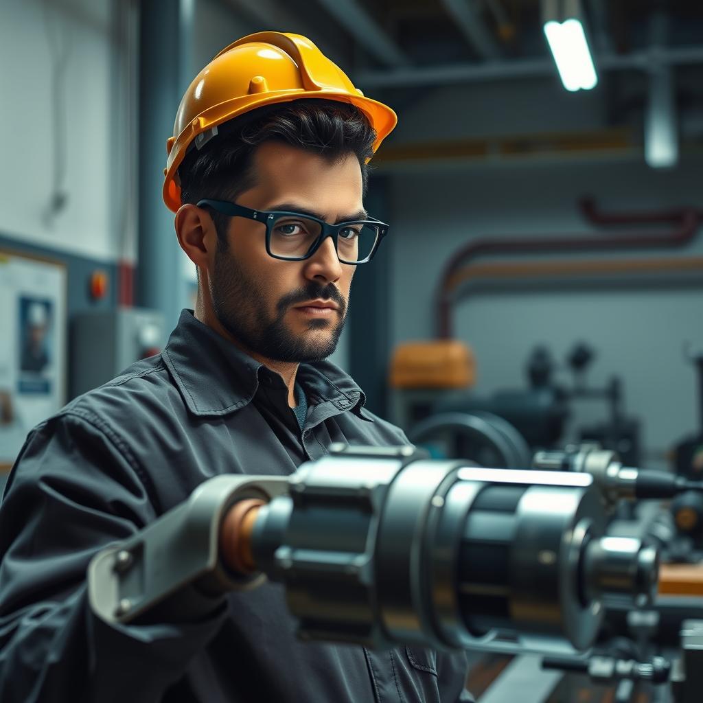 Engenheiro com capacete no ambiente industrial.