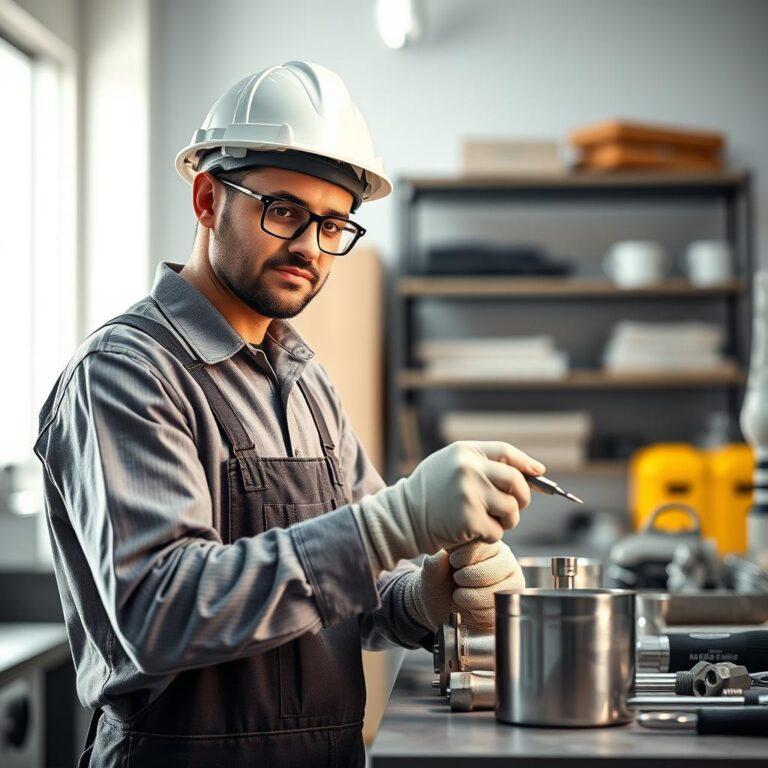 Engenheiro trabalhando em equipamento industrial com precisão.