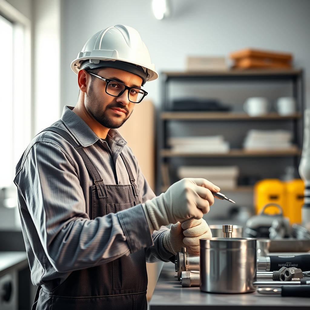 Engenheiro trabalhando em equipamento industrial com precisão.