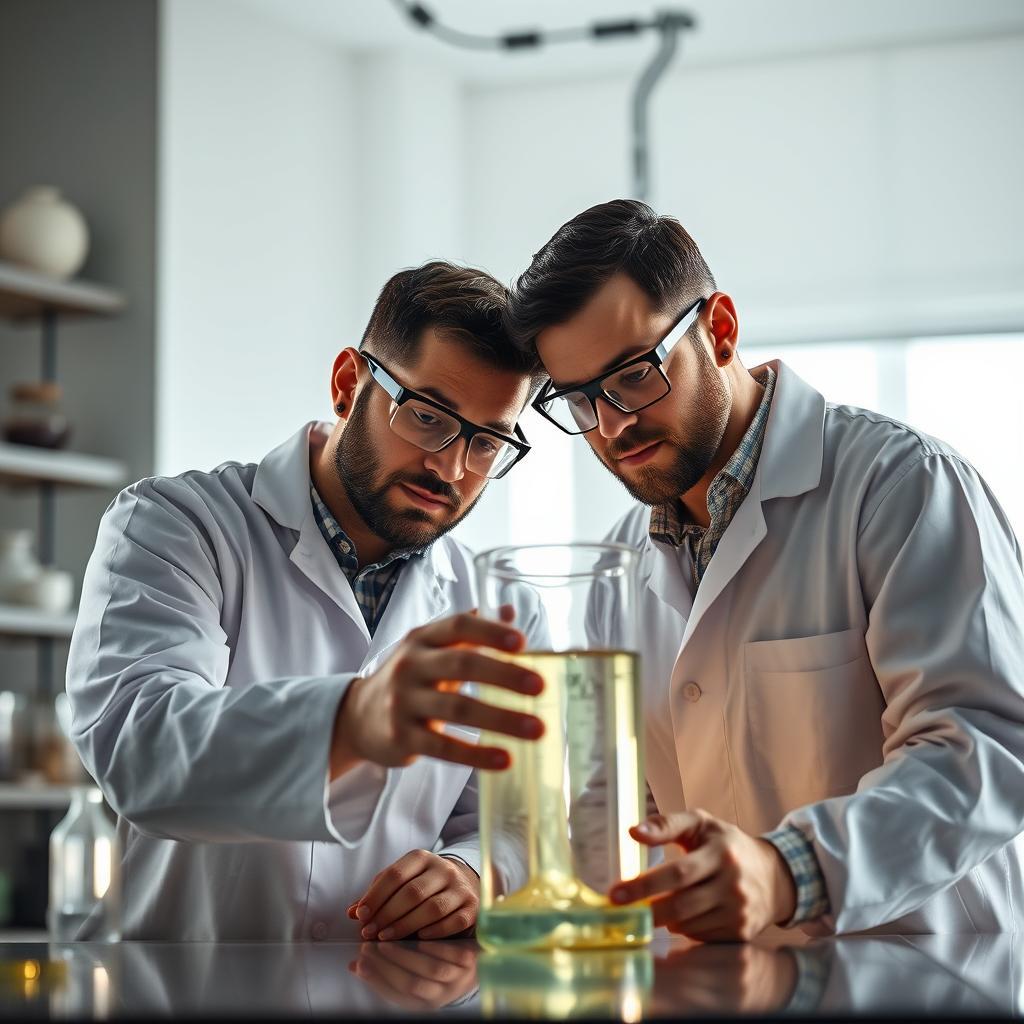 Cientistas analisando líquido em laboratório.