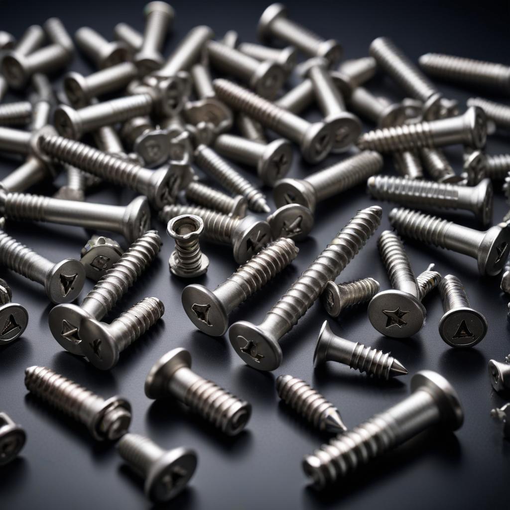 Parafusos de aço espalhados em fundo escuro.