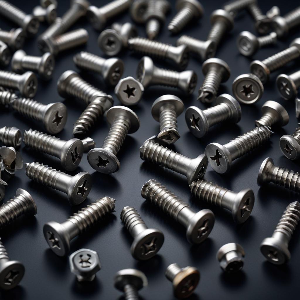Parafusos de metal espalhados sobre superfície escura.