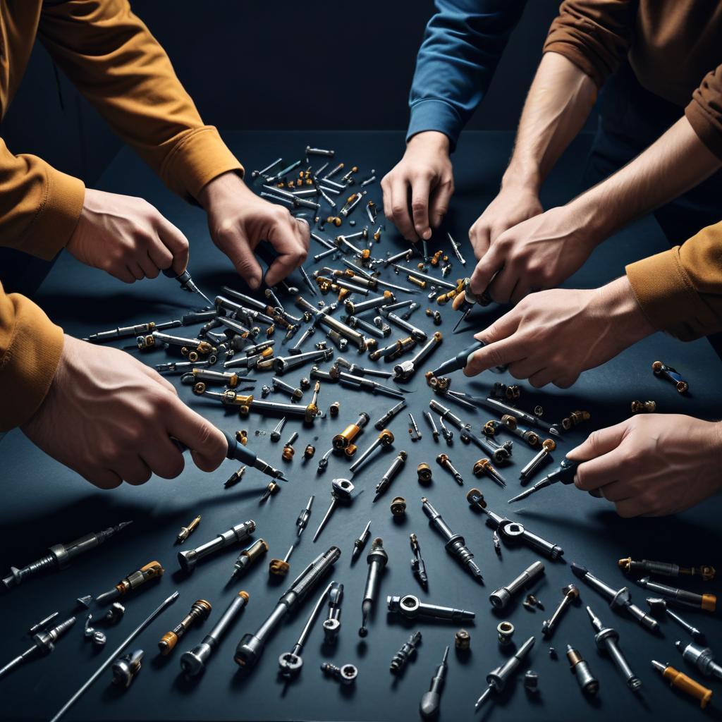 Pessoas montando peças metálicas na mesa escura.