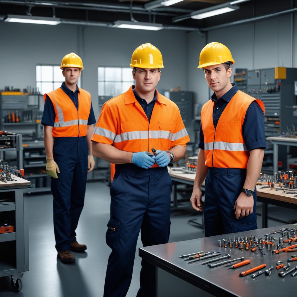 Trabalhadores de segurança em fábrica industrial.