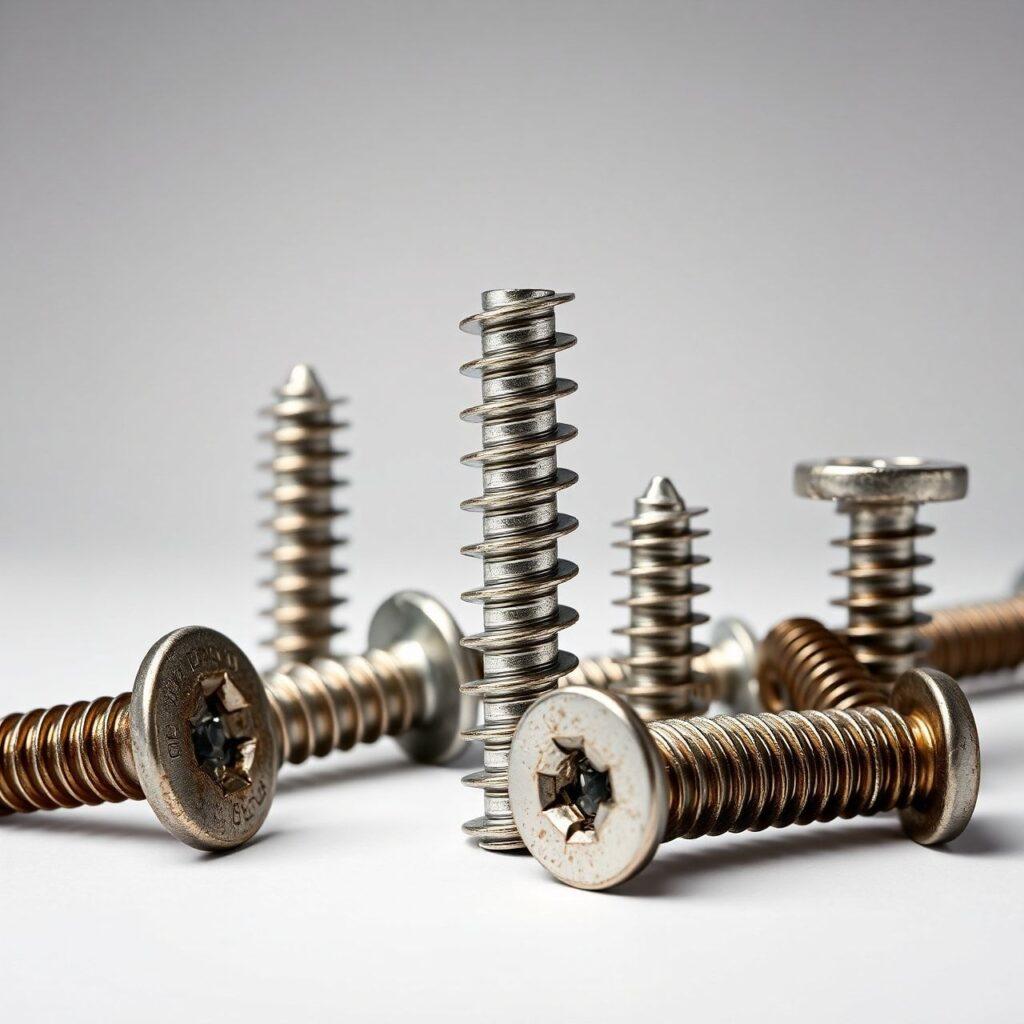 Parafusos de metal variados em posição vertical.