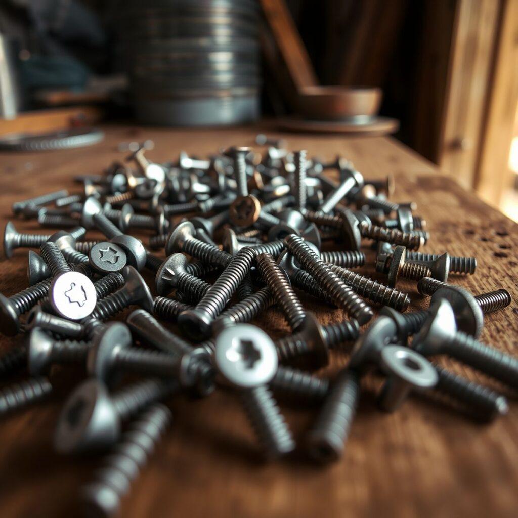 Parafusos de metal espalhados, foco no detalhe.